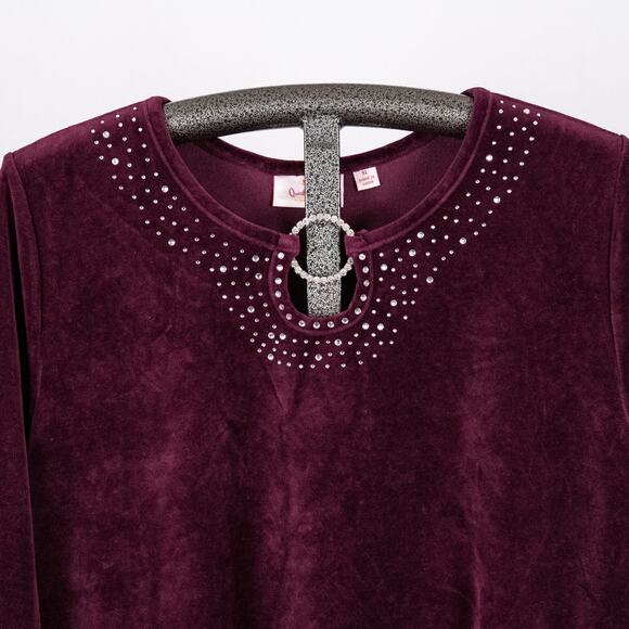 Quacker Factory Women's Velvety Velour Purple Tunic Top XL Rhinestones Holiday - Picture 3 of 6